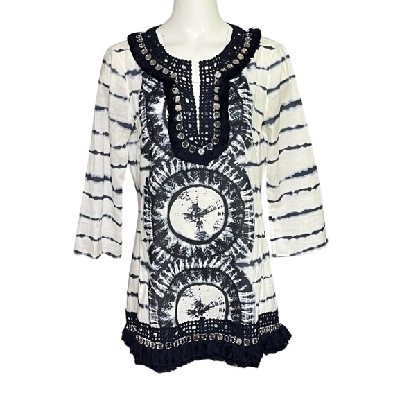 Tory Burch Stephanie Mirrored Embellished Fringe Navy Tie Dye Tunic Top Size 10 - Picture 11 of 11